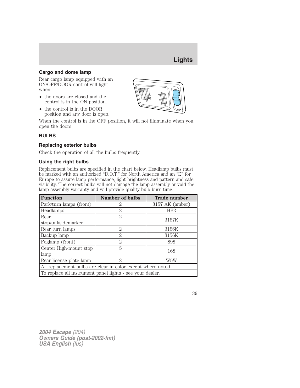 Lights | FORD 2004 Escape v.2 User Manual | Page 39 / 256