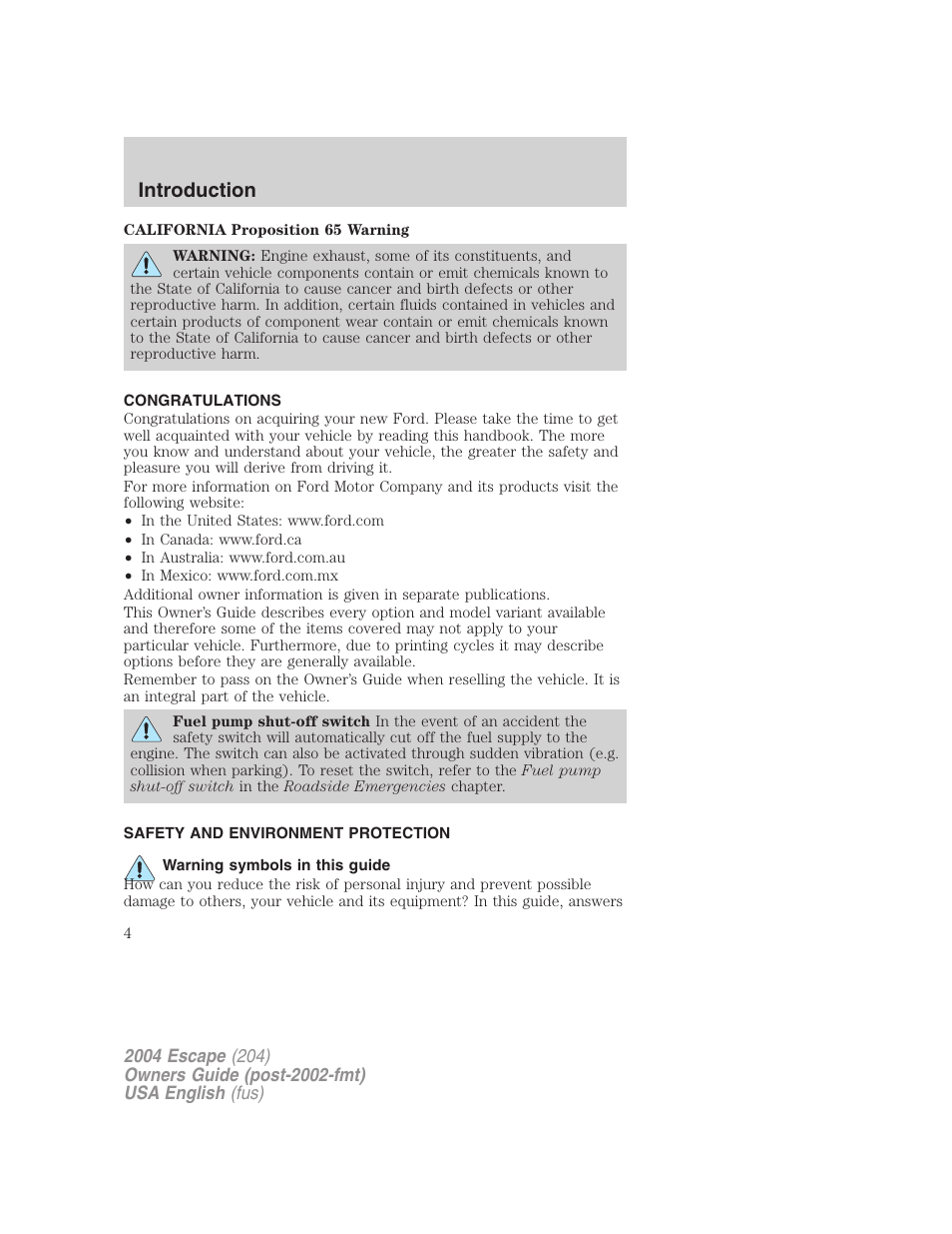 Introduction | FORD 2004 Escape v.2 User Manual | Page 4 / 256