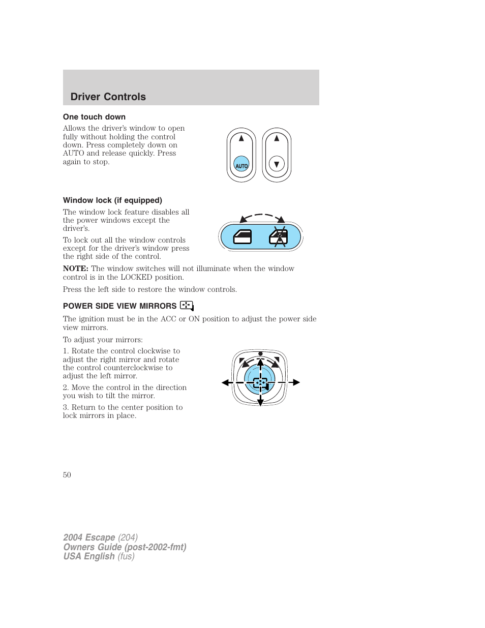 Driver controls | FORD 2004 Escape v.2 User Manual | Page 50 / 256
