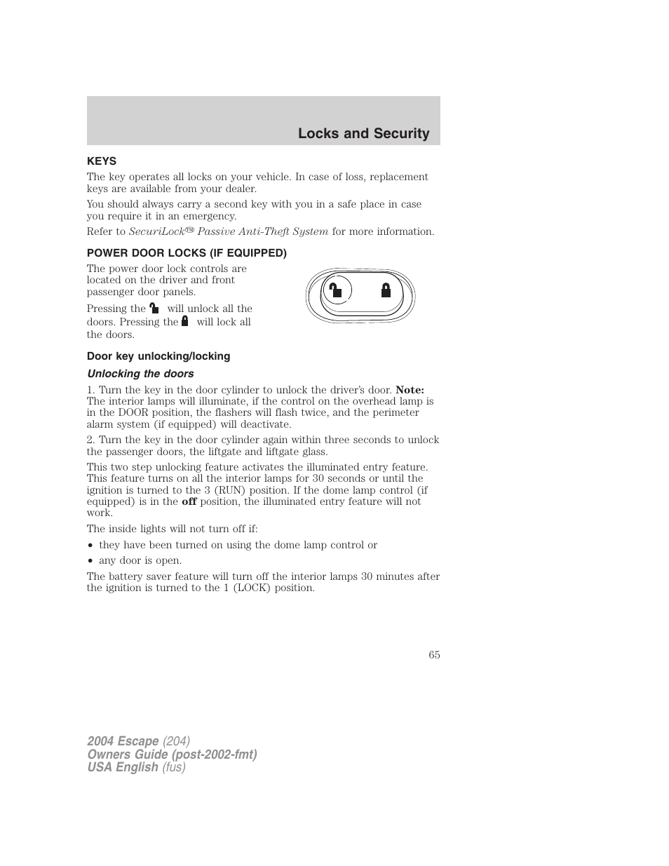 Locks and security | FORD 2004 Escape v.2 User Manual | Page 65 / 256
