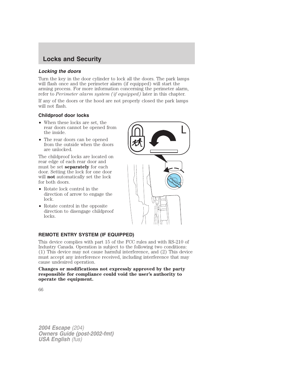 Locks and security | FORD 2004 Escape v.2 User Manual | Page 66 / 256