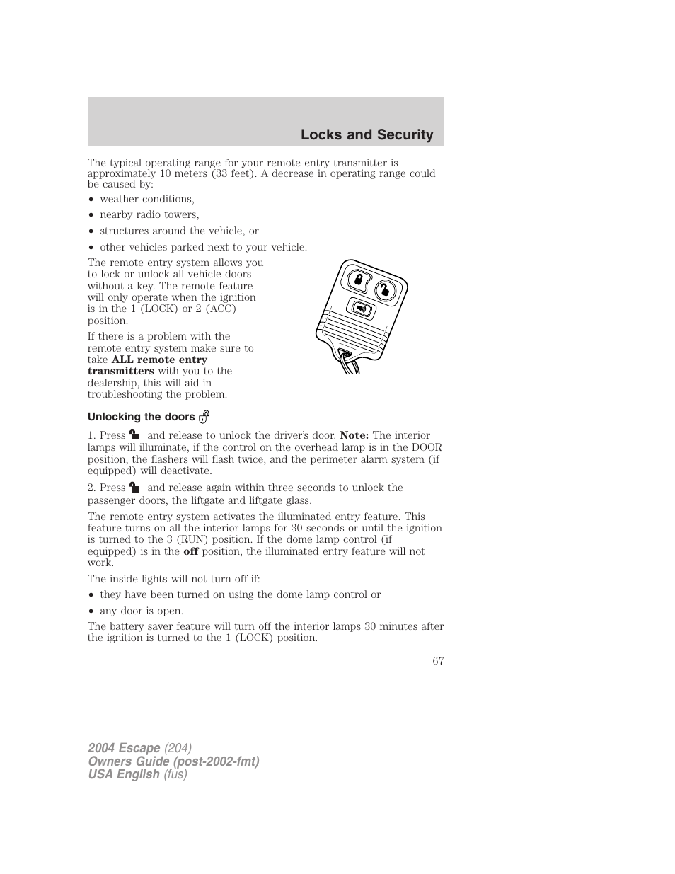 Locks and security | FORD 2004 Escape v.2 User Manual | Page 67 / 256