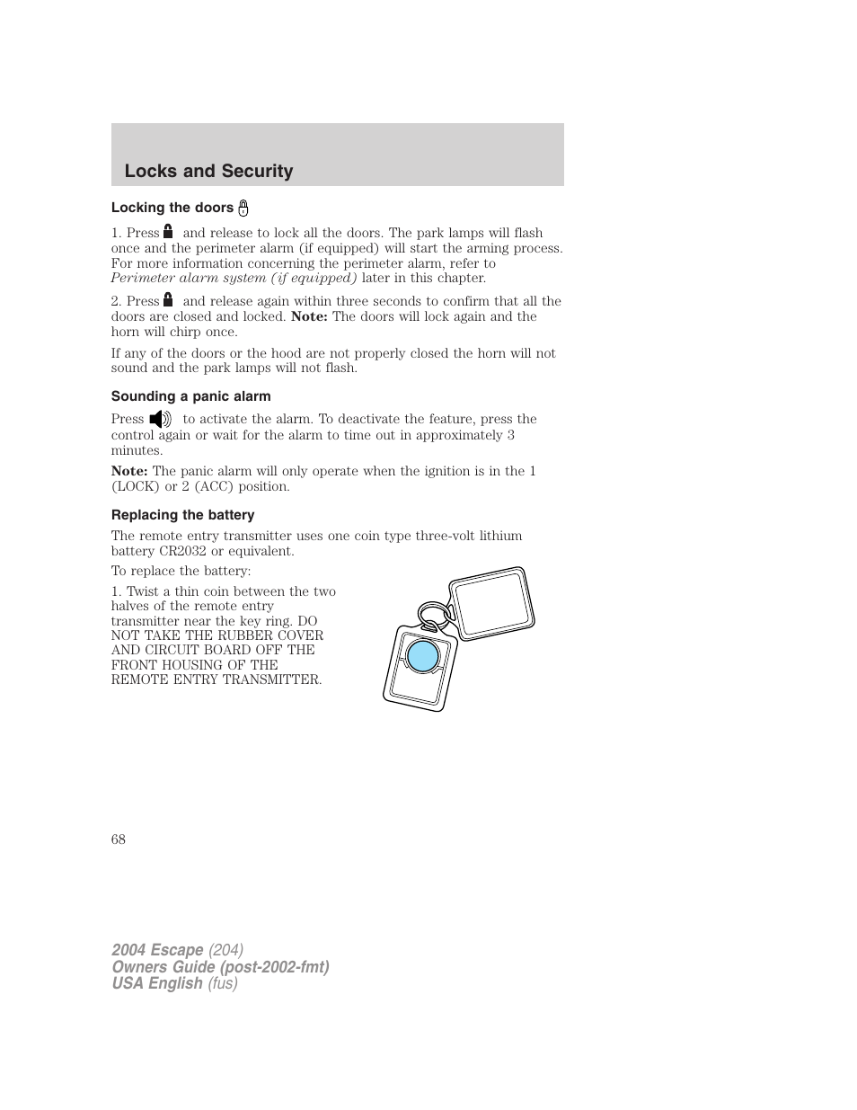 Locks and security | FORD 2004 Escape v.2 User Manual | Page 68 / 256