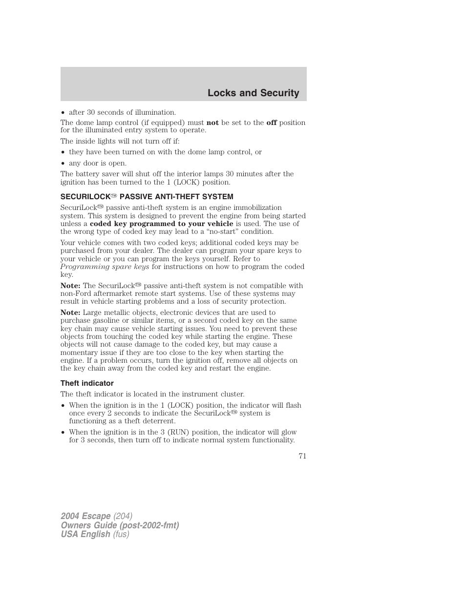 Locks and security | FORD 2004 Escape v.2 User Manual | Page 71 / 256