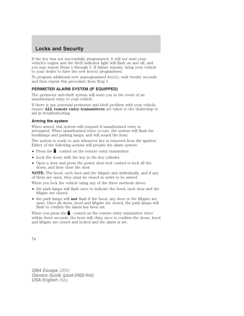 Locks and security | FORD 2004 Escape v.2 User Manual | Page 74 / 256