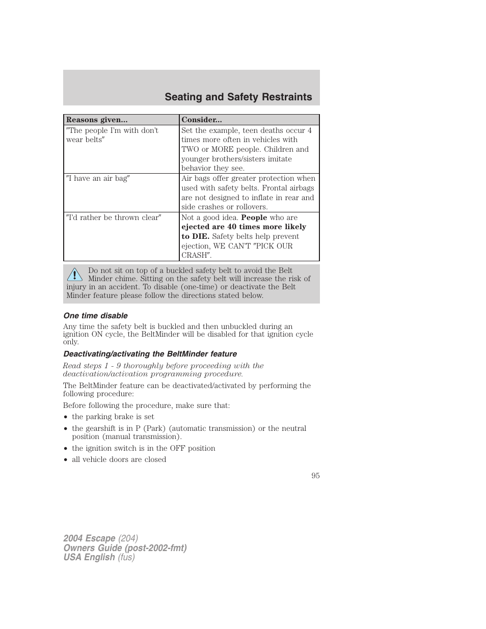 Seating and safety restraints | FORD 2004 Escape v.2 User Manual | Page 95 / 256