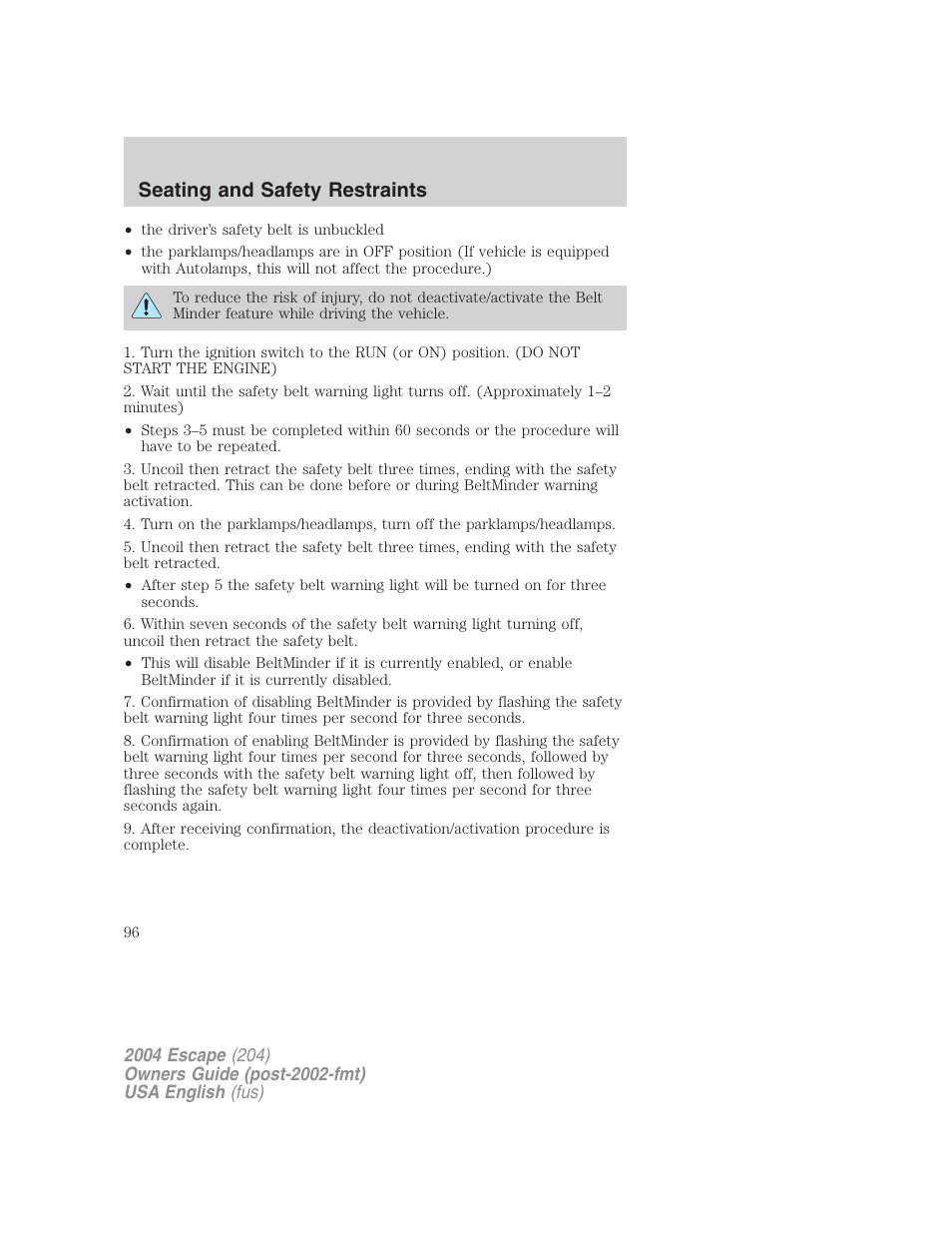 Seating and safety restraints | FORD 2004 Escape v.2 User Manual | Page 96 / 256