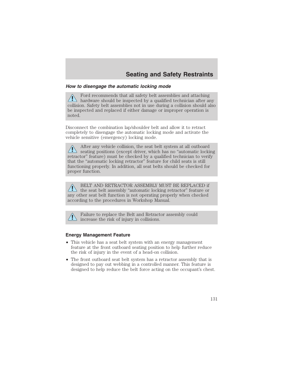 Seating and safety restraints | FORD 2004 Excursion v.1 User Manual | Page 131 / 272