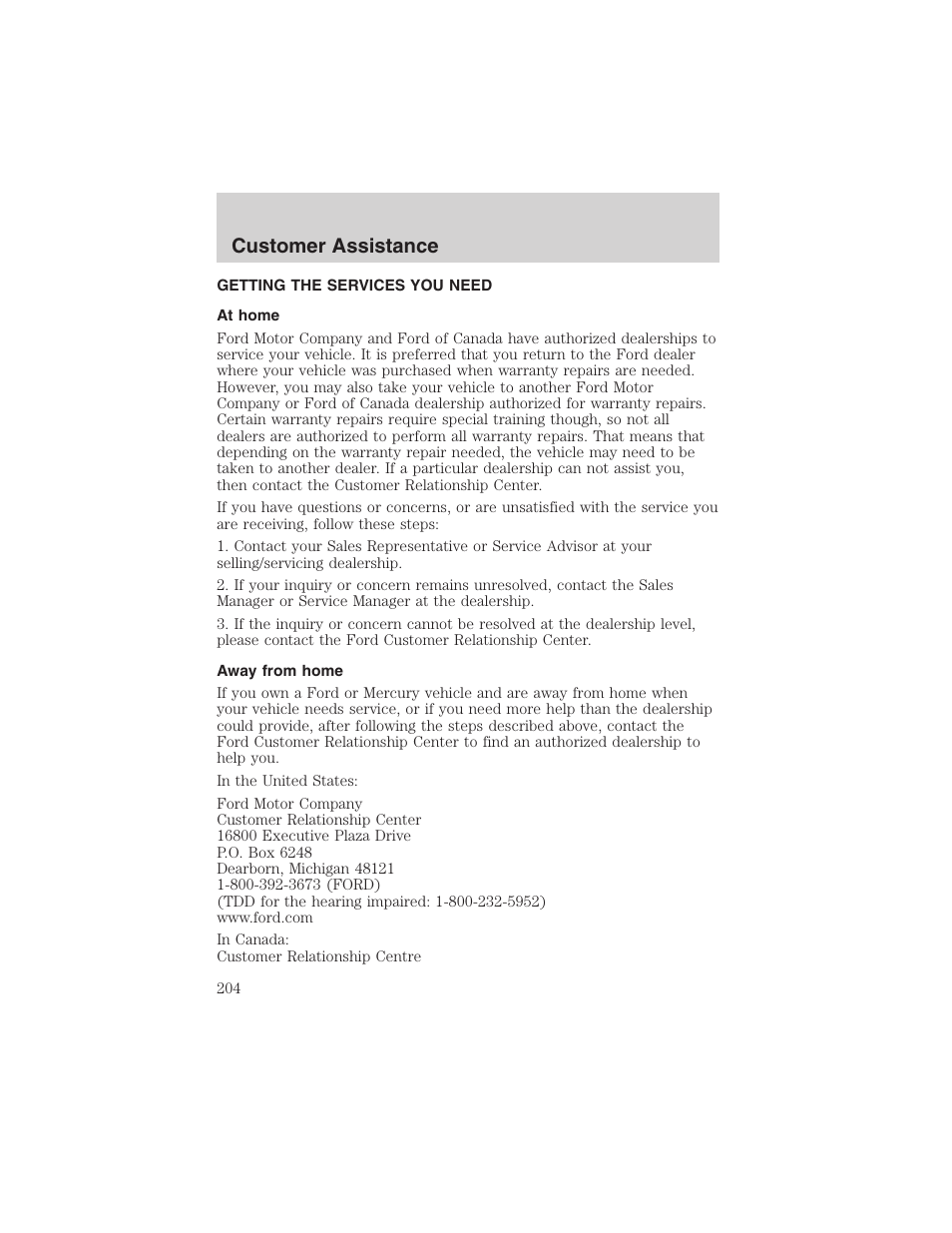Customer assistance | FORD 2004 Excursion v.1 User Manual | Page 204 / 272
