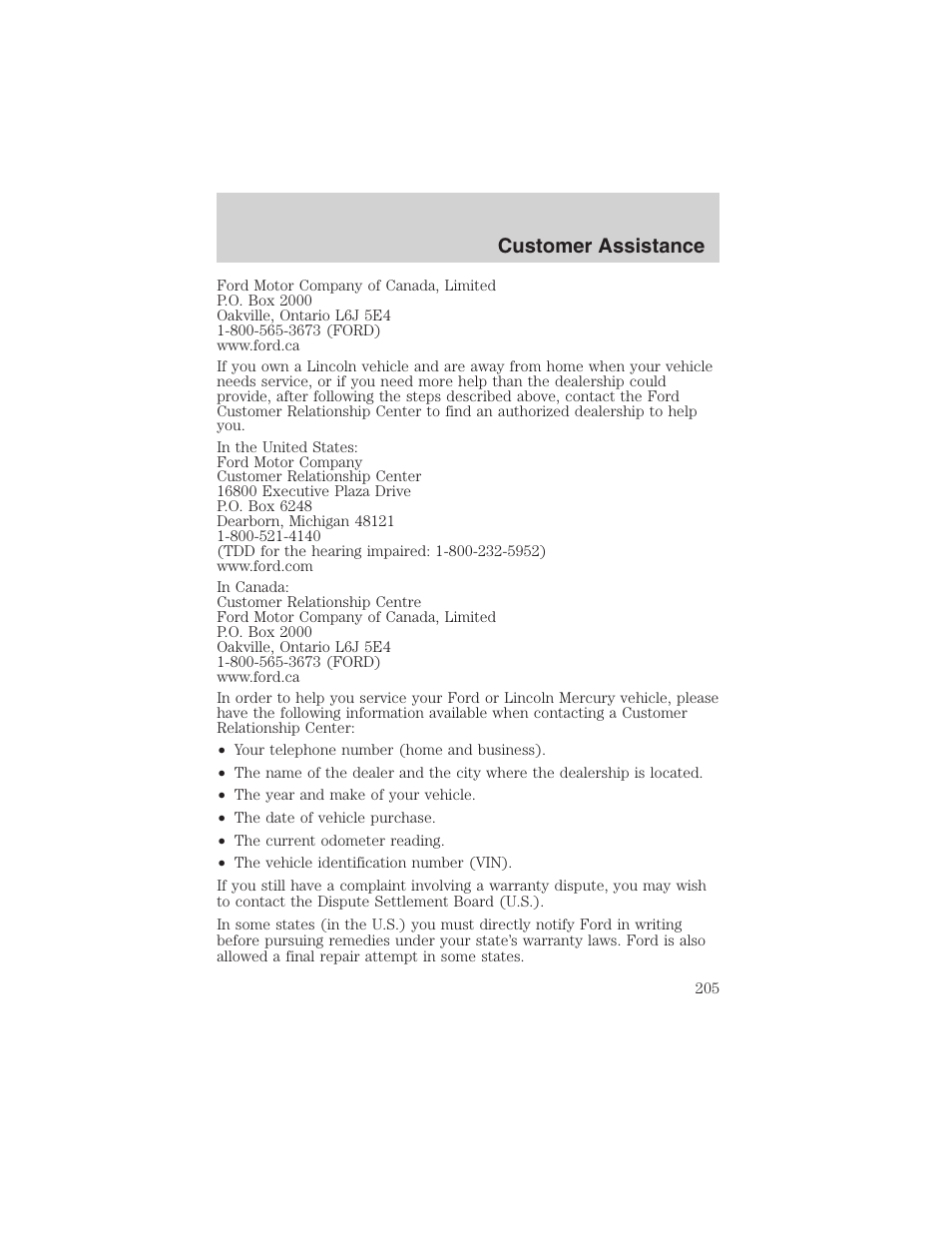 Customer assistance | FORD 2004 Excursion v.1 User Manual | Page 205 / 272