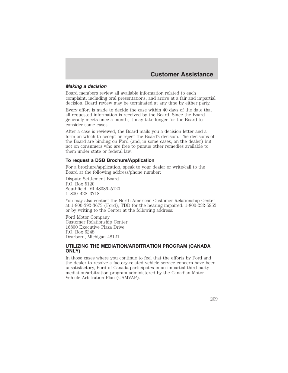 Customer assistance | FORD 2004 Excursion v.1 User Manual | Page 209 / 272