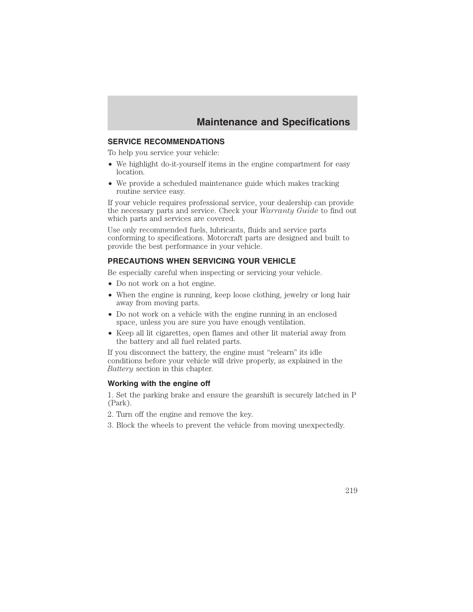 Maintenance and specifications | FORD 2004 Excursion v.1 User Manual | Page 219 / 272