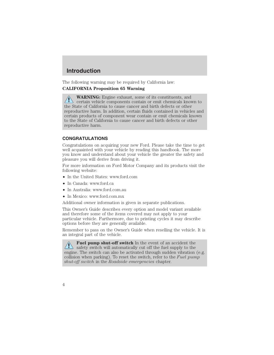Introduction | FORD 2004 Excursion v.1 User Manual | Page 4 / 272
