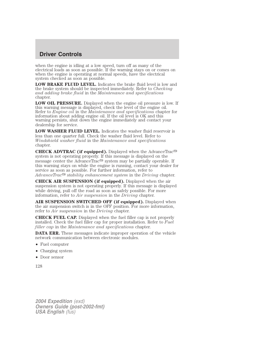 Driver controls | FORD 2004 Expedition v.1 User Manual | Page 128 / 344