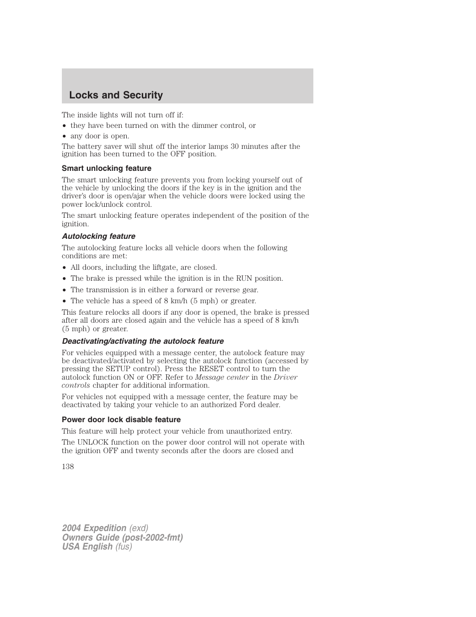 Locks and security | FORD 2004 Expedition v.1 User Manual | Page 138 / 344