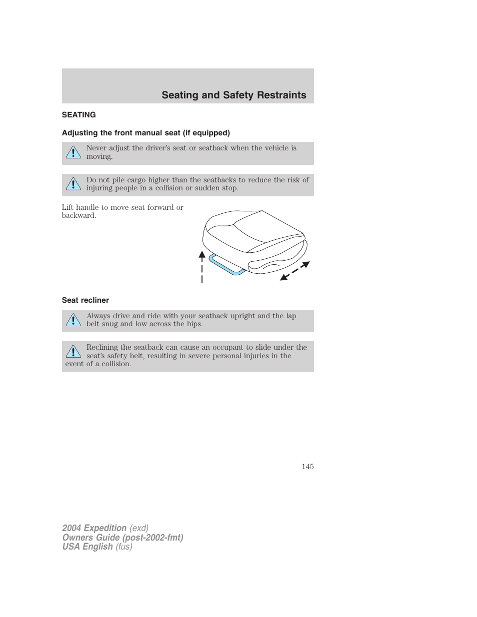 Seating and safety restraints | FORD 2004 Expedition v.1 User Manual | Page 145 / 344