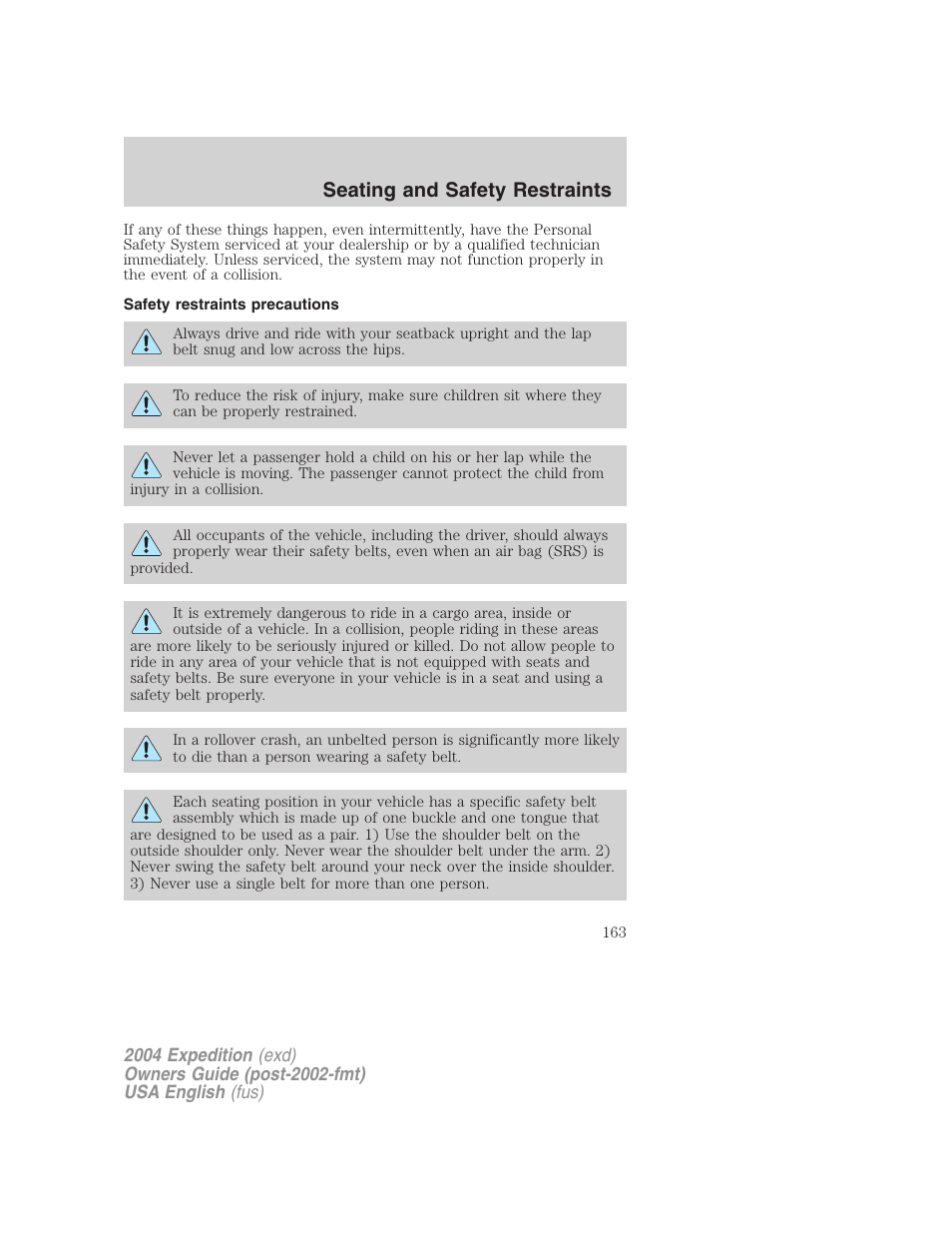 Seating and safety restraints | FORD 2004 Expedition v.1 User Manual | Page 163 / 344