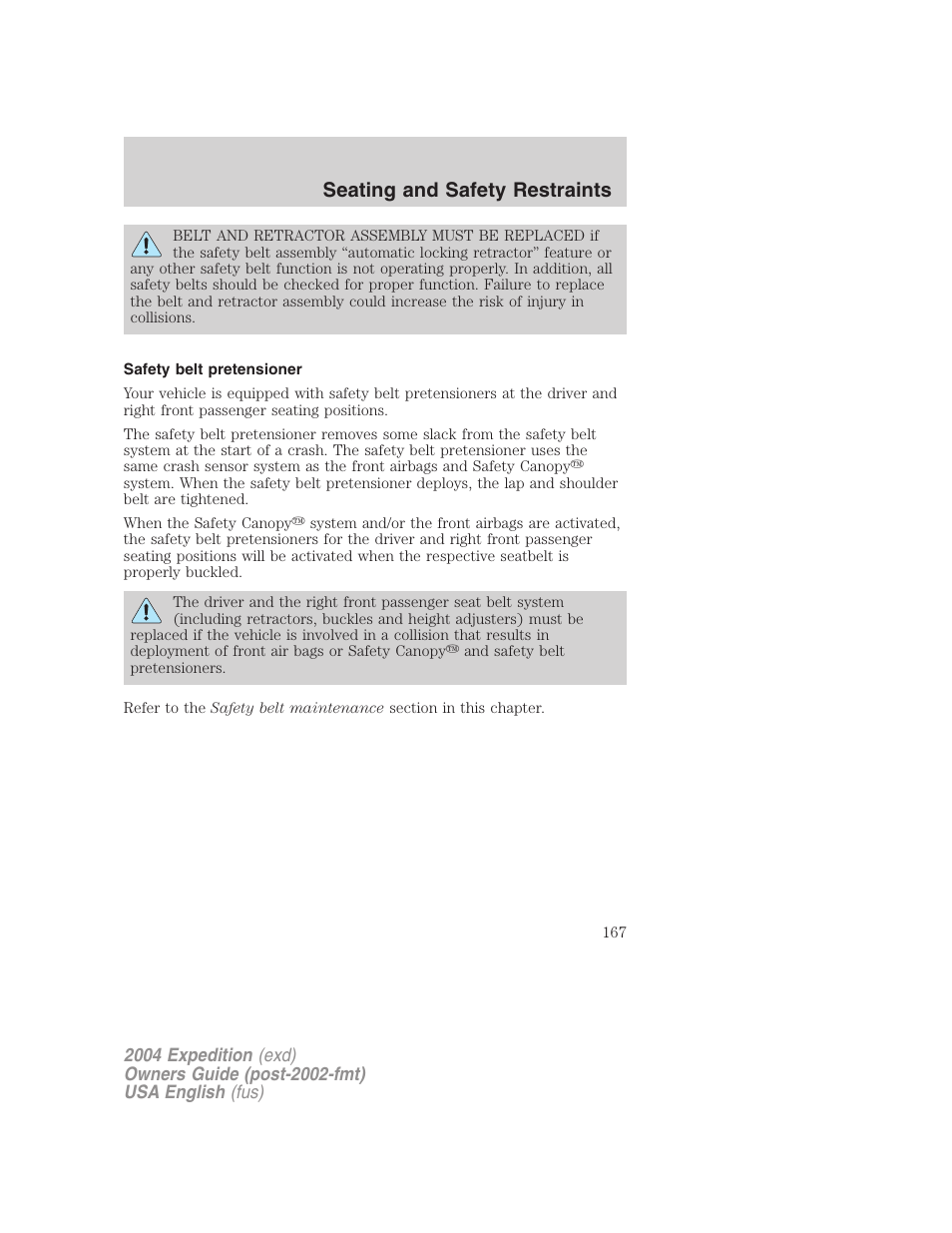 Seating and safety restraints | FORD 2004 Expedition v.1 User Manual | Page 167 / 344