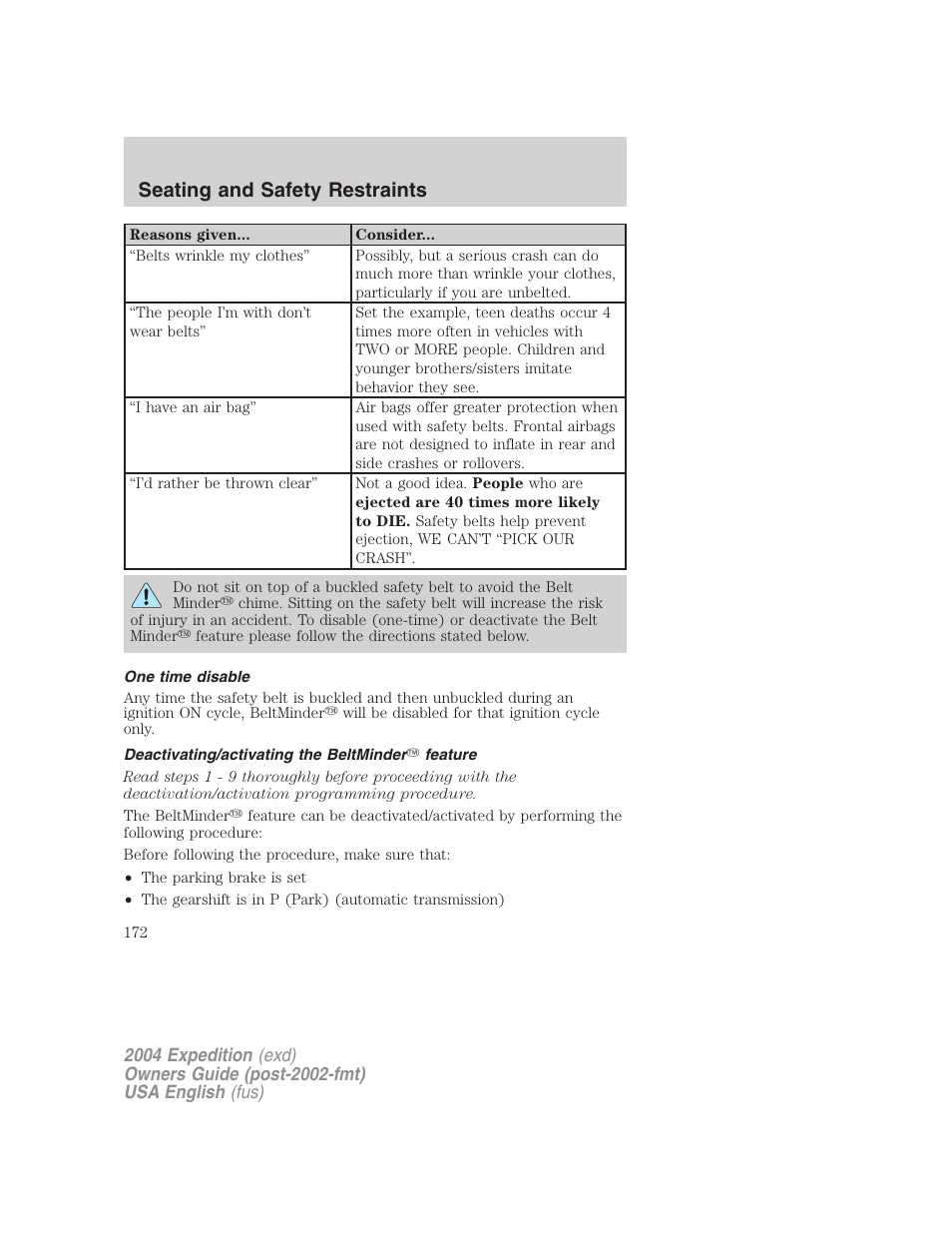 Seating and safety restraints | FORD 2004 Expedition v.1 User Manual | Page 172 / 344