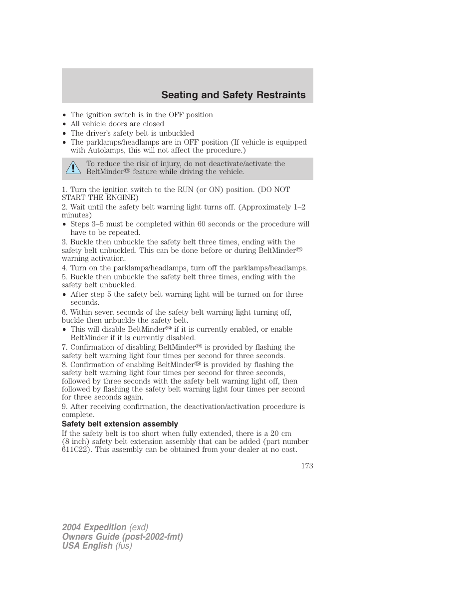 Seating and safety restraints | FORD 2004 Expedition v.1 User Manual | Page 173 / 344