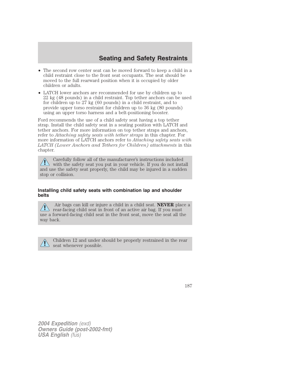 Seating and safety restraints | FORD 2004 Expedition v.1 User Manual | Page 187 / 344