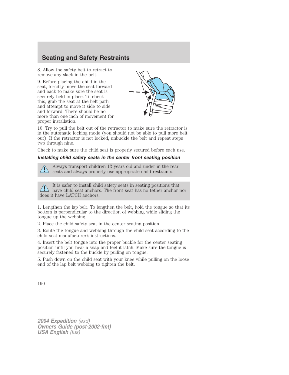 Seating and safety restraints | FORD 2004 Expedition v.1 User Manual | Page 190 / 344