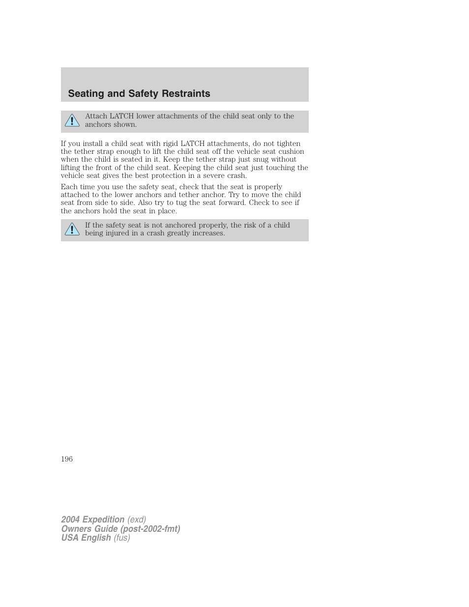 Seating and safety restraints | FORD 2004 Expedition v.1 User Manual | Page 196 / 344