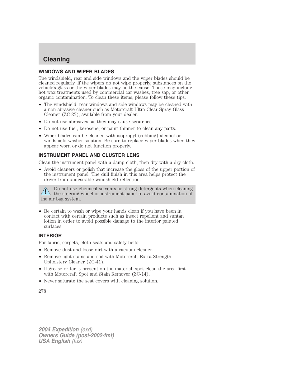 Cleaning | FORD 2004 Expedition v.1 User Manual | Page 278 / 344