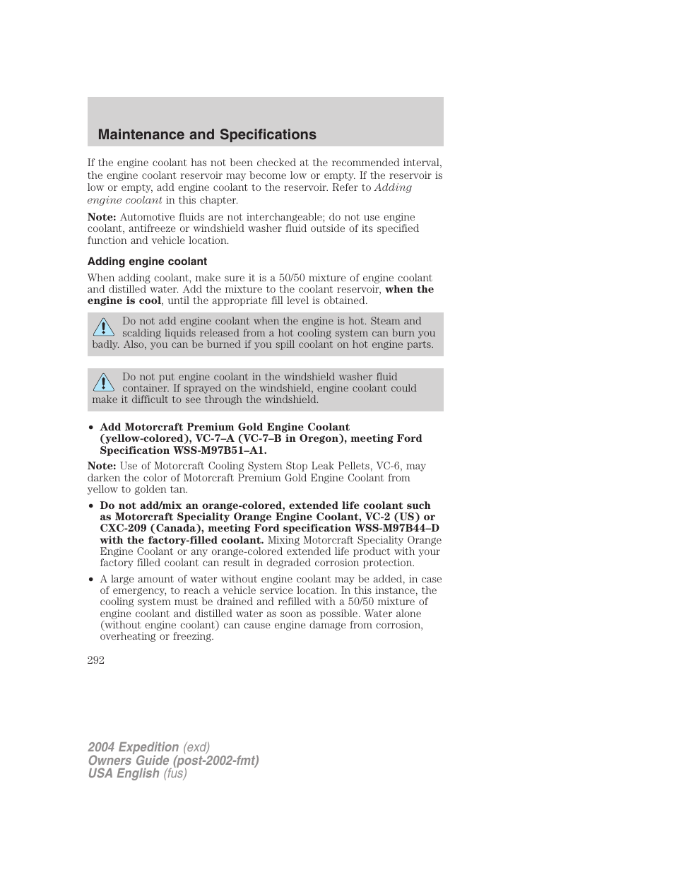 Maintenance and specifications | FORD 2004 Expedition v.1 User Manual | Page 292 / 344