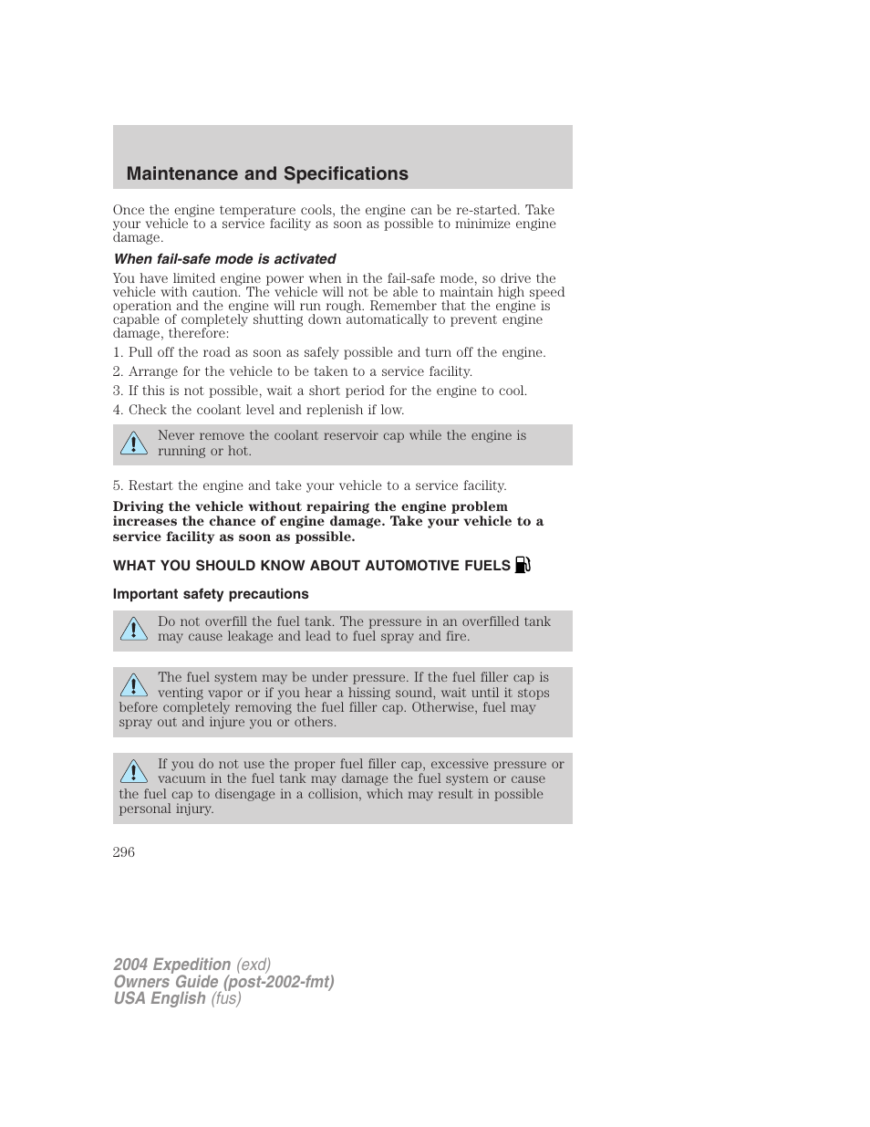 Maintenance and specifications | FORD 2004 Expedition v.1 User Manual | Page 296 / 344