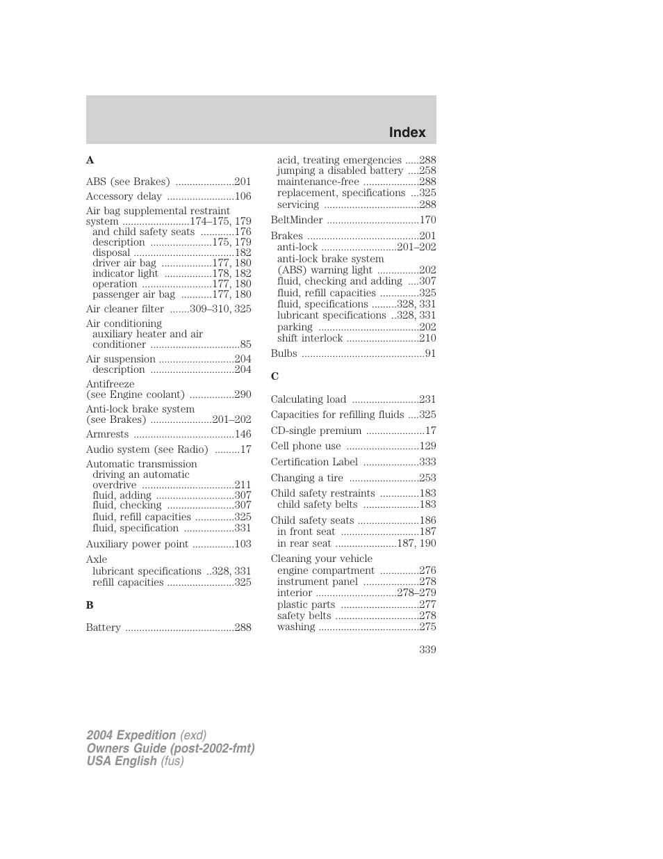 Index | FORD 2004 Expedition v.1 User Manual | Page 339 / 344