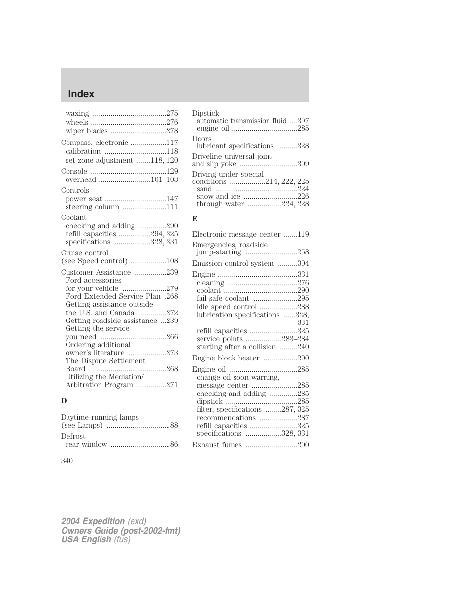 Index | FORD 2004 Expedition v.1 User Manual | Page 340 / 344