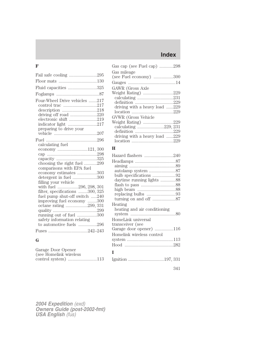 Index | FORD 2004 Expedition v.1 User Manual | Page 341 / 344