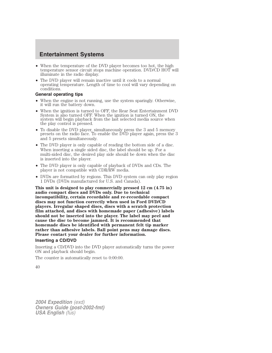 Entertainment systems | FORD 2004 Expedition v.1 User Manual | Page 40 / 344