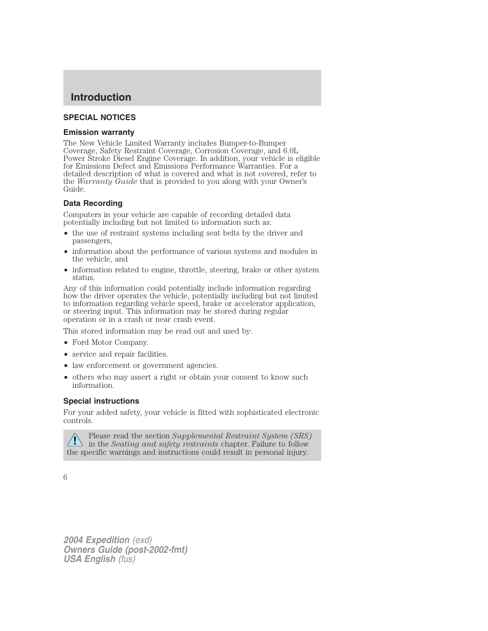 Introduction | FORD 2004 Expedition v.1 User Manual | Page 6 / 344