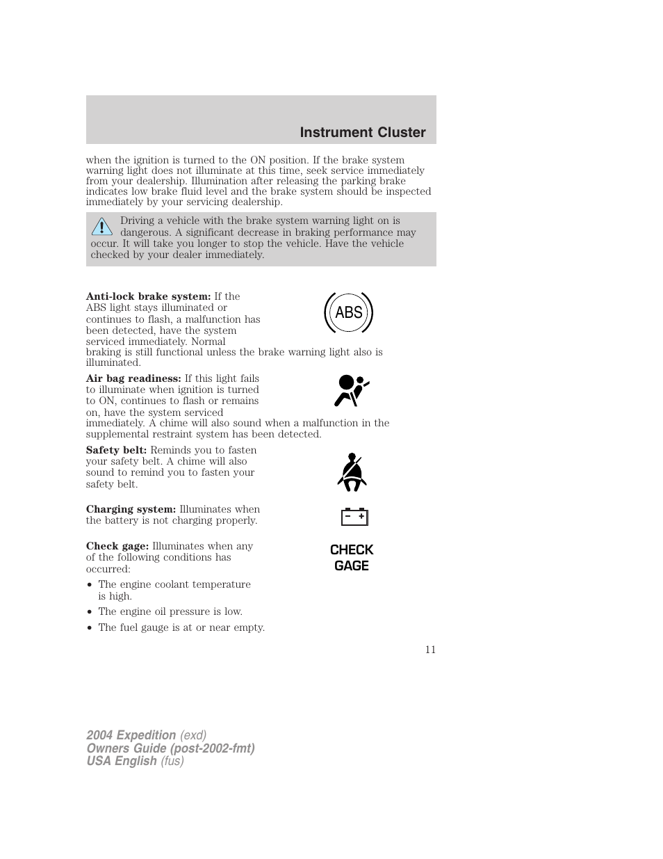 Instrument cluster | FORD 2004 Expedition v.2 User Manual | Page 11 / 352