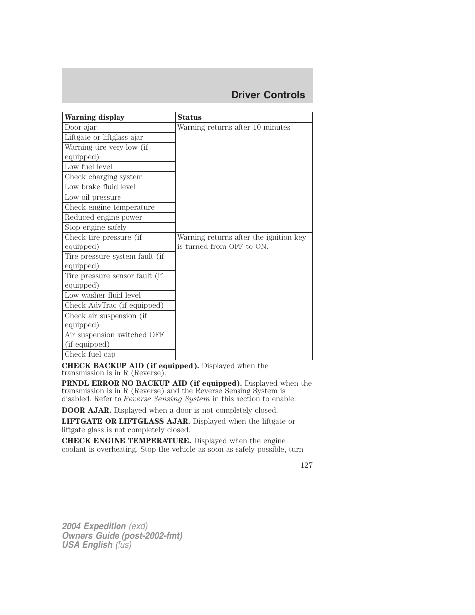 Driver controls | FORD 2004 Expedition v.2 User Manual | Page 127 / 352