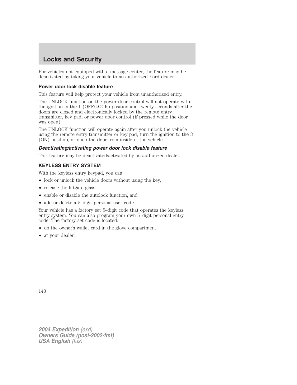 Locks and security | FORD 2004 Expedition v.2 User Manual | Page 140 / 352
