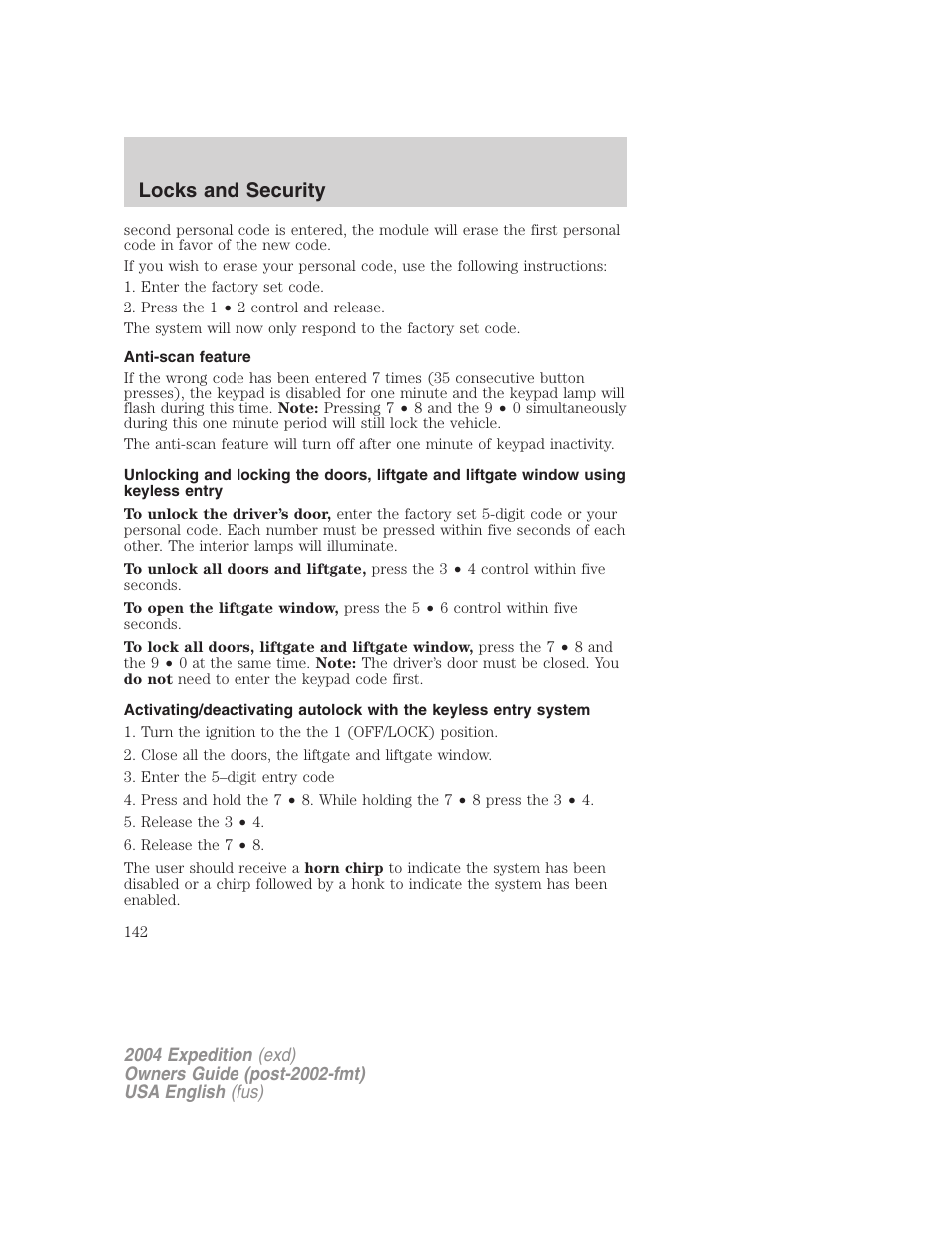 Locks and security | FORD 2004 Expedition v.2 User Manual | Page 142 / 352