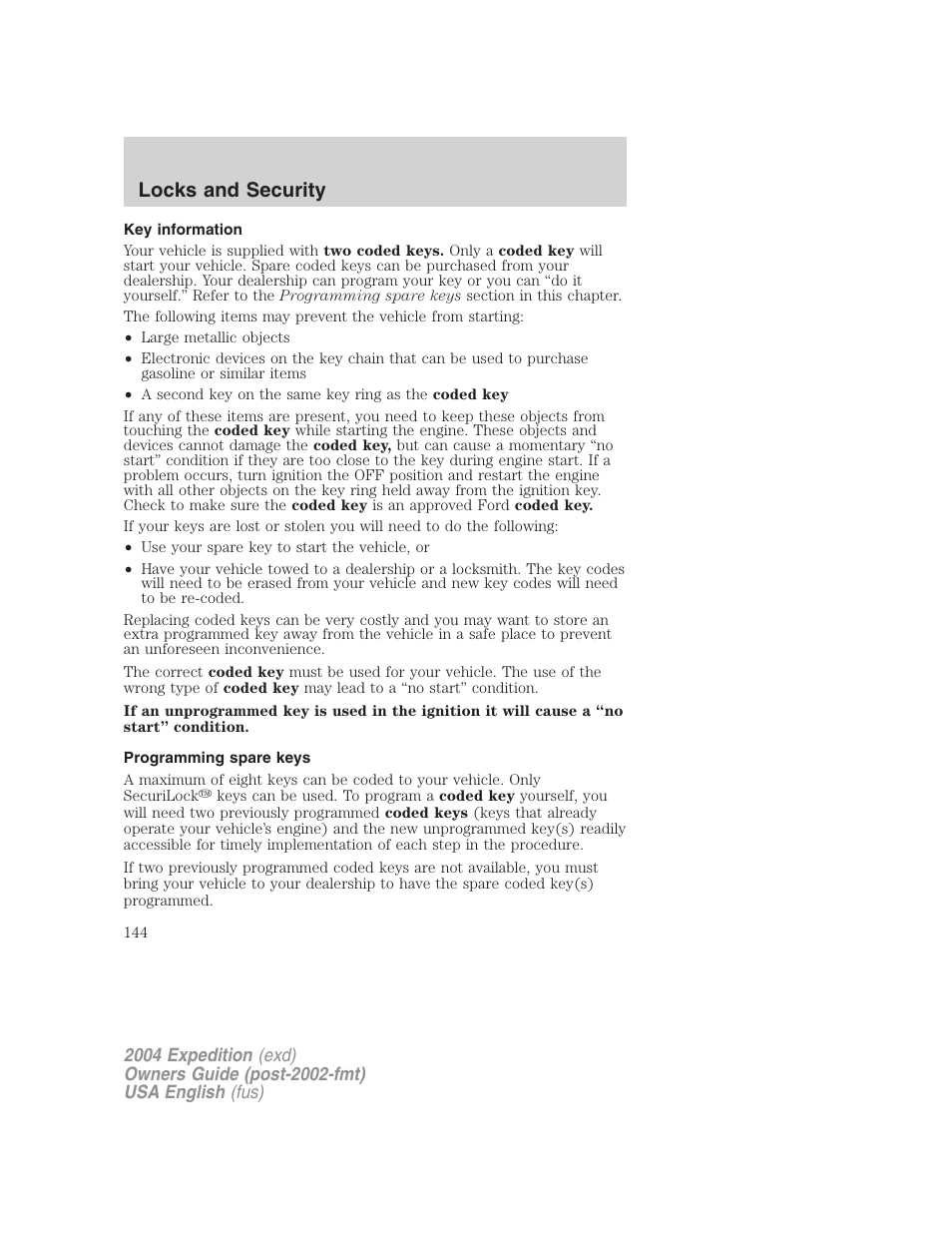 Locks and security | FORD 2004 Expedition v.2 User Manual | Page 144 / 352