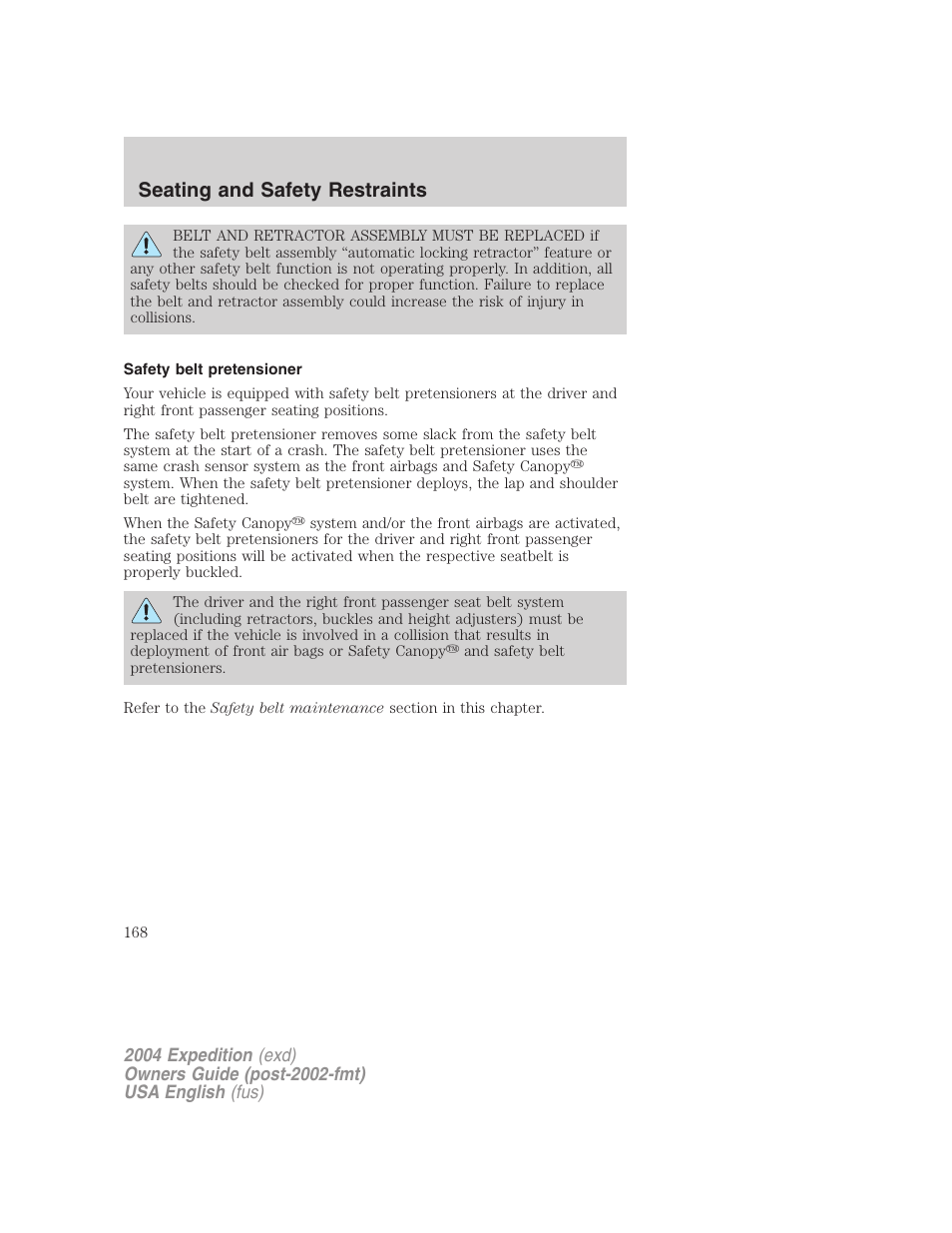 Seating and safety restraints | FORD 2004 Expedition v.2 User Manual | Page 168 / 352