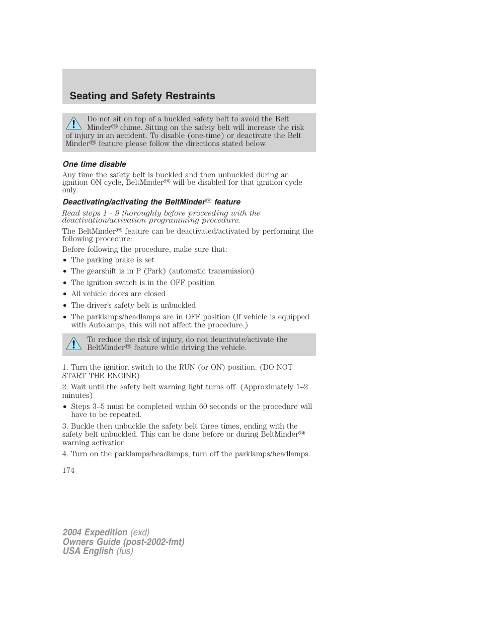 Seating and safety restraints | FORD 2004 Expedition v.2 User Manual | Page 174 / 352