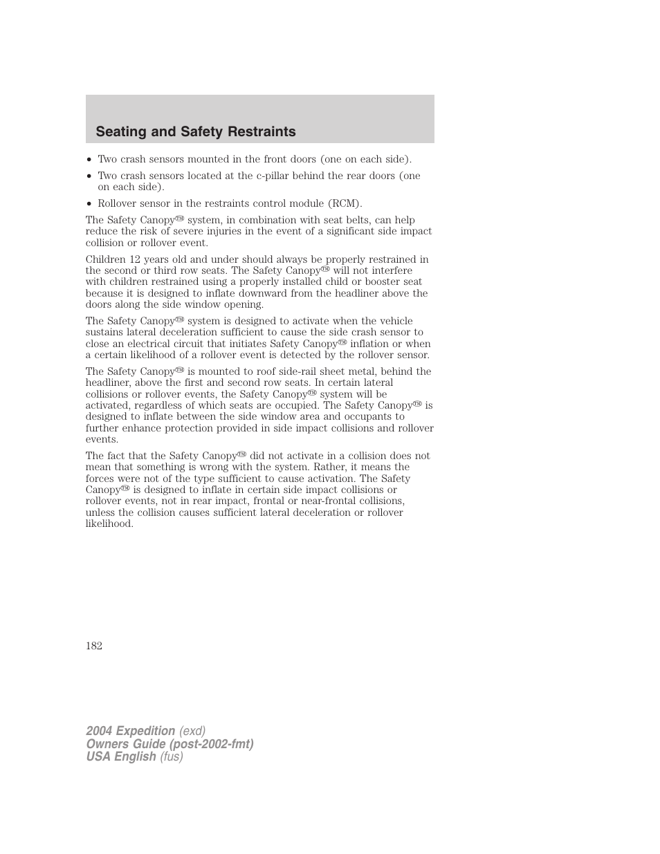 Seating and safety restraints | FORD 2004 Expedition v.2 User Manual | Page 182 / 352