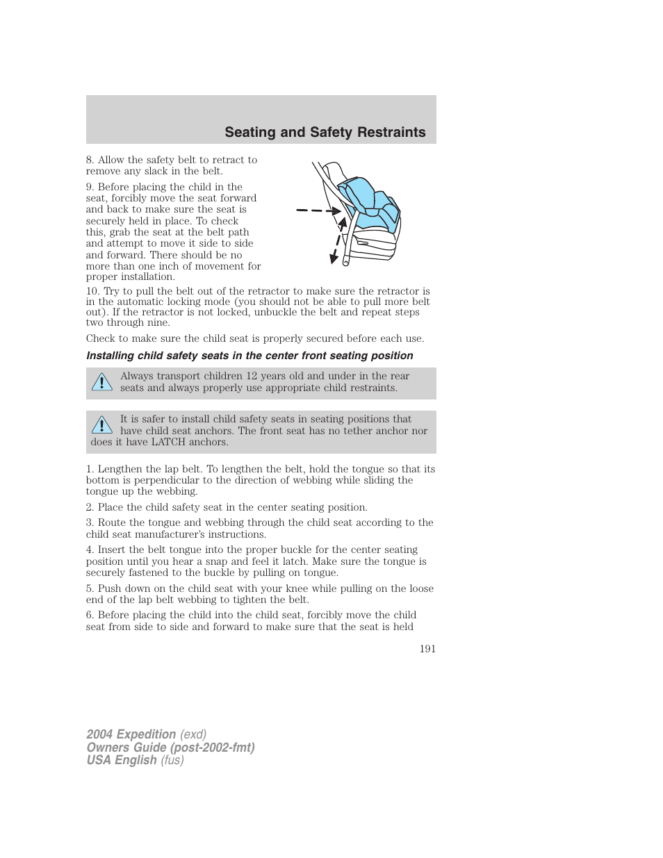 Seating and safety restraints | FORD 2004 Expedition v.2 User Manual | Page 191 / 352