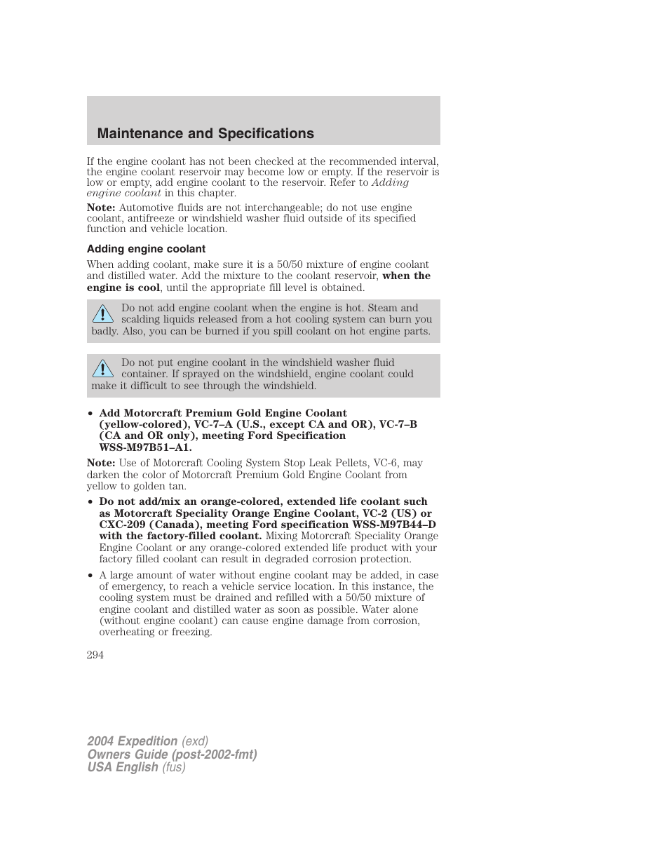 Maintenance and specifications | FORD 2004 Expedition v.2 User Manual | Page 294 / 352