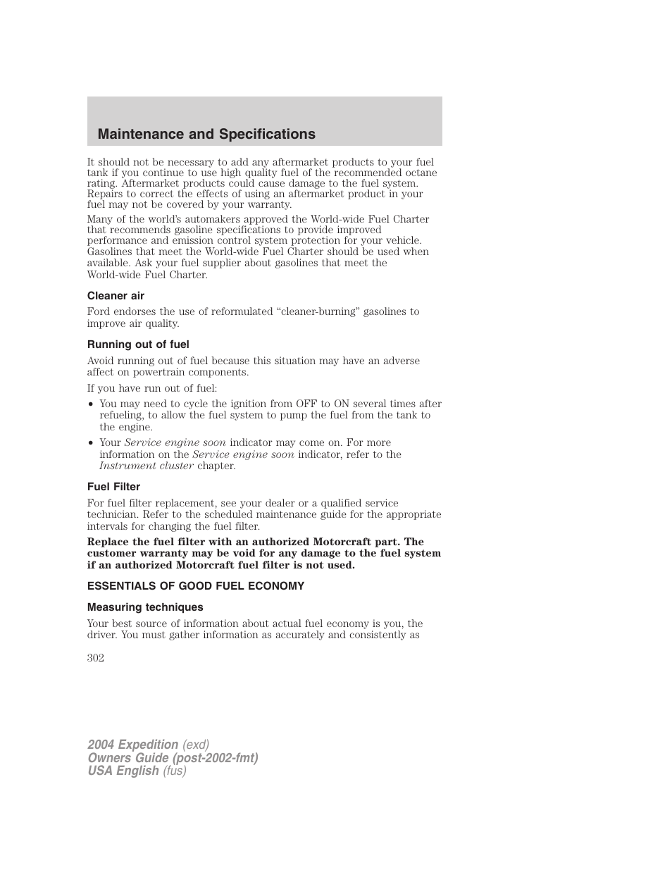 Maintenance and specifications | FORD 2004 Expedition v.2 User Manual | Page 302 / 352