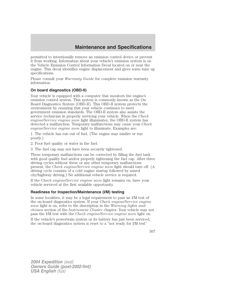 Maintenance and specifications | FORD 2004 Expedition v.2 User Manual | Page 307 / 352
