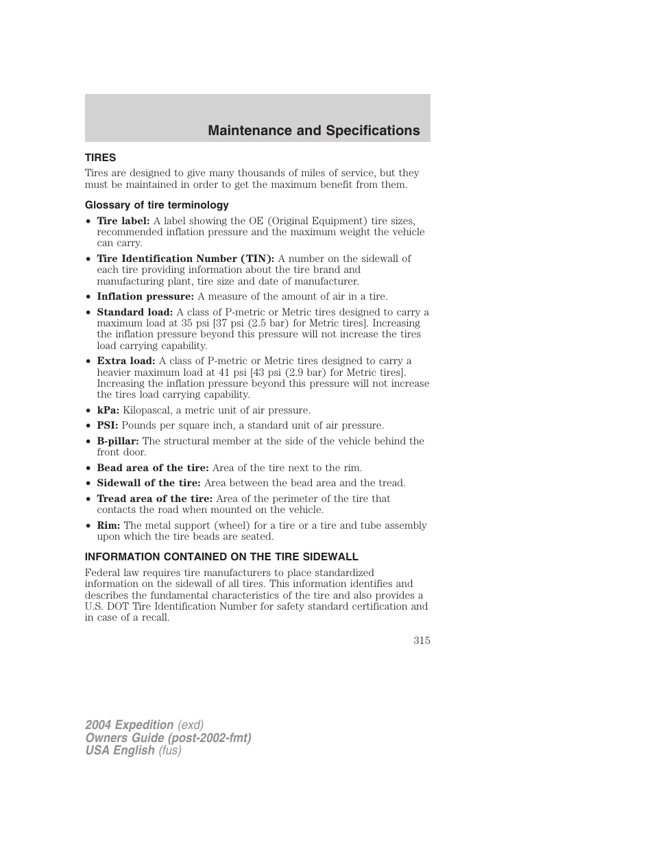 Maintenance and specifications | FORD 2004 Expedition v.2 User Manual | Page 315 / 352