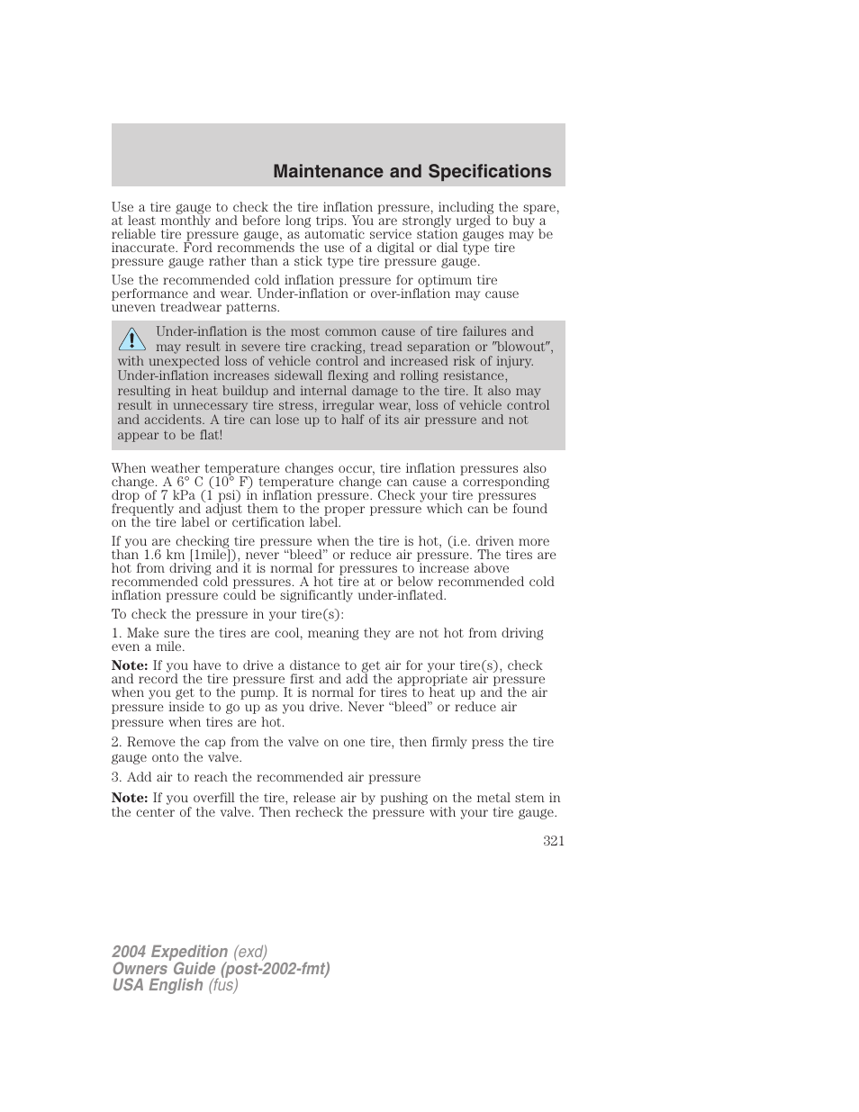 Maintenance and specifications | FORD 2004 Expedition v.2 User Manual | Page 321 / 352