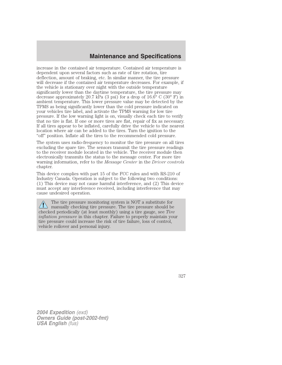 Maintenance and specifications | FORD 2004 Expedition v.2 User Manual | Page 327 / 352